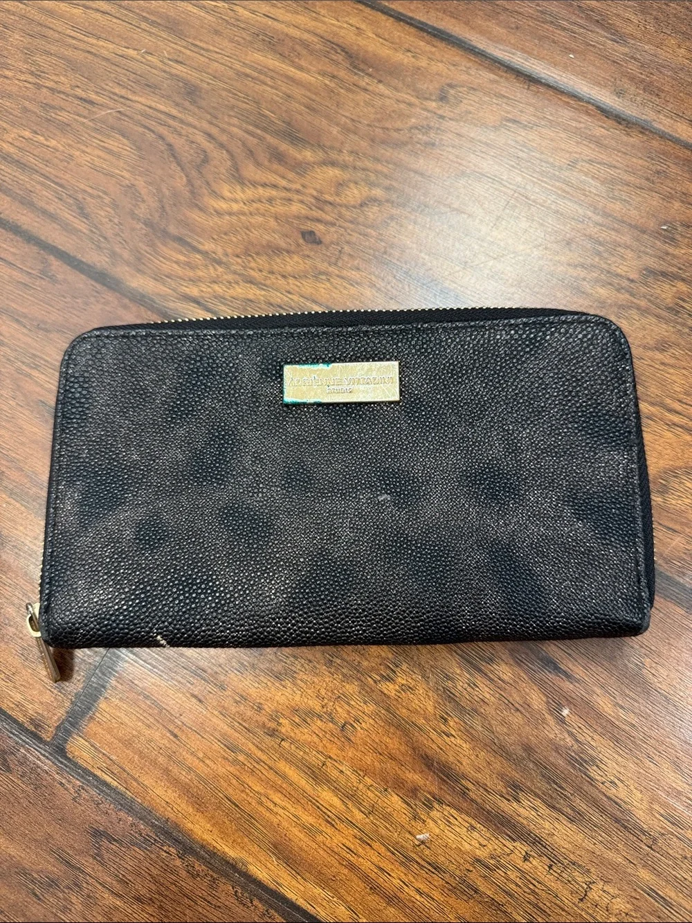 Adrienne Vittadini Black Zip Around Wallet Purple Interior Pebbled